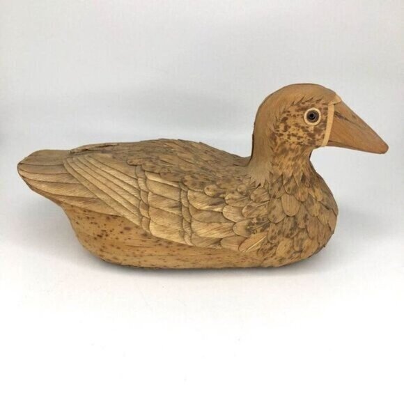 Vintage Folk Art Duck Carved Corn Husk Wood Decoy - Picture 1 of 9